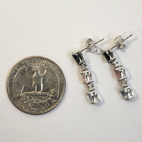 VTG NIB 925 Tourmaline Multi-Gem Dangle Drop Stud Earrings Signed 1" - Picture 7 of 14